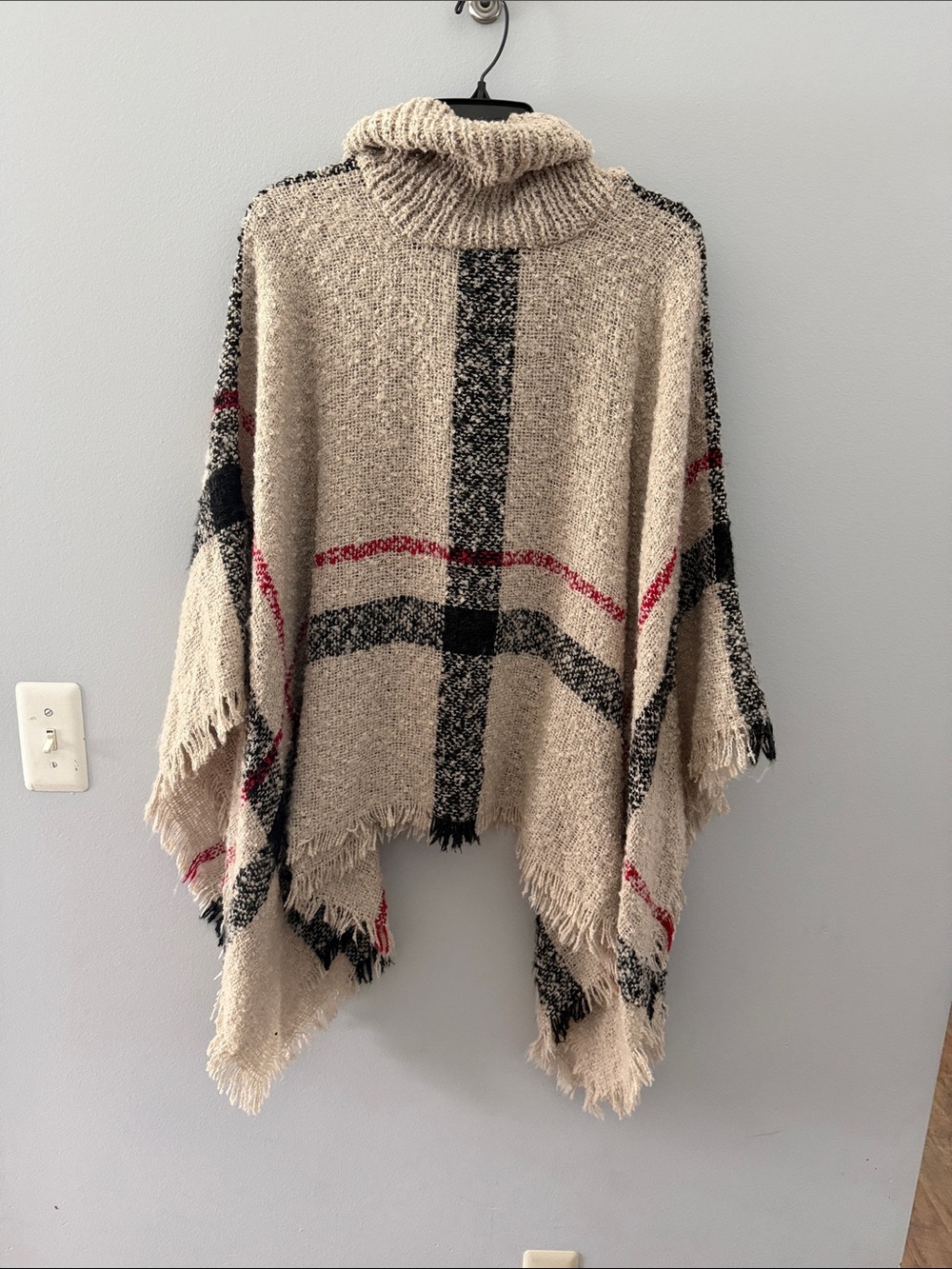 Cozy Turtleneck Plaid Poncho Sweater in Beige